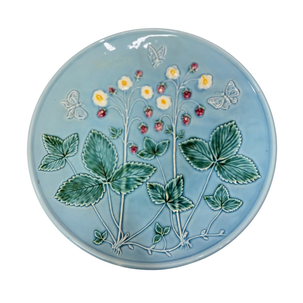 VTG German Majolica Strawberry Butterfly Relief Plate Blue 11" 250D READ